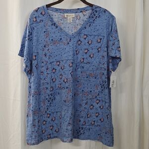 Style Co 0X XL Casual Slub Knit Tee Shirt Top Navy Blue Retro Floral Bandana